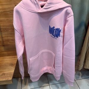 White Fox Boutique Pink Hoodie with Blue Logo